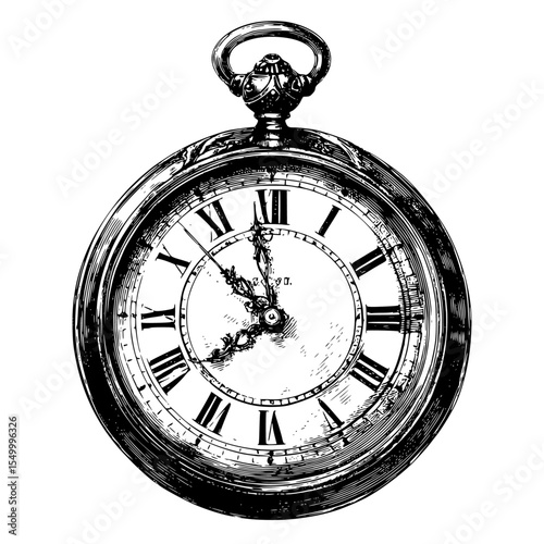 a black and white picture of an antique clock or pocket watch antique, black, clock, drawing, engraving, old, photo, picture, pocket watch , Generative art.