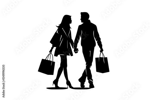 black silhouette of a young man and woman holding shopping bags in their hands bag, black, couple, hand, hold, man, people, shopping bag, silhouette, walk, woman, young , Generative art.