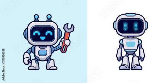 Cute robots cartoon vector illustration ai artificial intelligence machine learning robotics automation bots editable stock vector