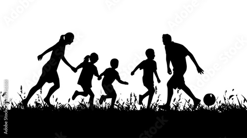 a black silhouette of a family playing soccer in the grass black, child, family, field, football, grass, kid, play, silhouette, soccer , Generative art.