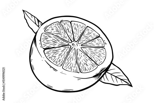 a drawing of an orange or lemon with a leaf in black ink on a white background black, drawing, illustration, ink, leaf, lemon, orange, sketch , Generative art.