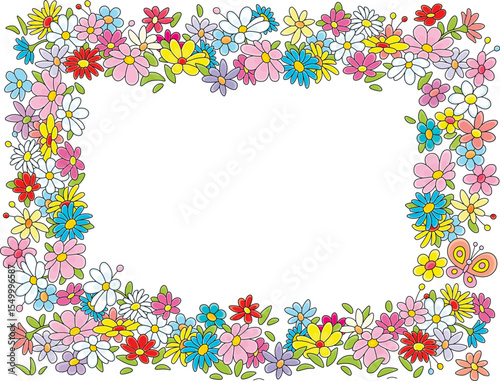 Cartoony birthday card, frame border, wreath and holiday background with colorful summer flowers and butterfly, vector cartoon illustration on white