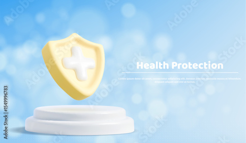 3D health protection scene with yellow shield and white medical plus cross floating above circular podium platform on blue sky backdrop. healthcare security concept for insurance wellness presentation