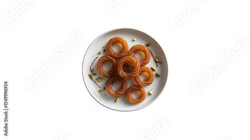 Jalebi Delicious Indian Sweet Treat on White Plate, Overhead Shot