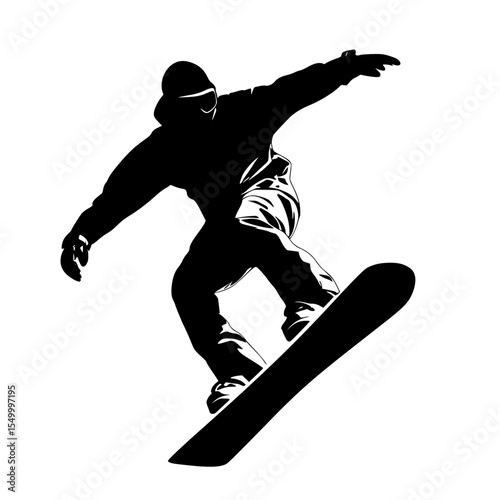 a black and white silhouette of a man riding a snowboard black, jump, man, person, ride, silhouette, snowboard, snowboarder , Generative art.