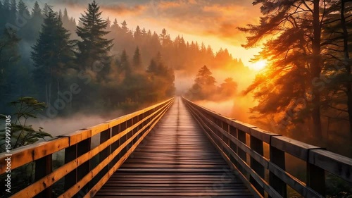 Wooden bridge forest mist sunrise sunset nature serene path mystery journey scenic landscape tranquil ethereal light peaceful trees fog adventure travel contemplative foggy winter evening jungle woods