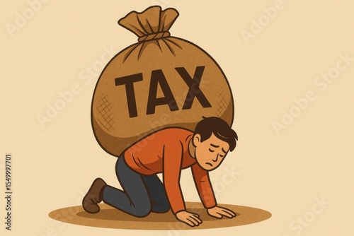 Cartoon illustrates man crawling under weight of huge sack labeled TAX. He appears defeated and overwhelmed by financial burden