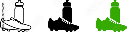 Find soccer cleats and water bottle vector illustration for sports equipment and fitness training gear editable stock vector