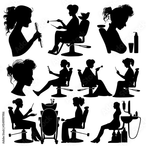 black silhouettes of people in a beauty salon on a white background beauty salon, black, chair, girl, people, silhouette, woman , Generative art.