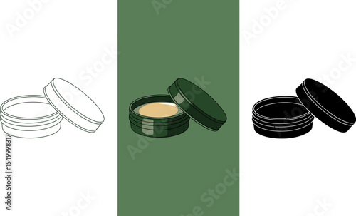 Illustration of cosmetic cream jar with green lid and outline and silhouette on white background editable stock vector