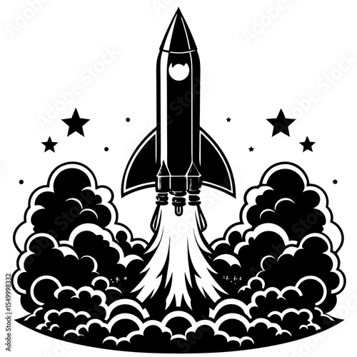 Rocket launching with smoke and stars isolated on white background