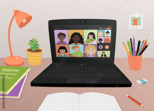 Contemporary digital education - lesson in teams online, children class during remote studying, distance learning. Laptop on a table with stationery, opened workbook, pencils. Student's desk novadays.