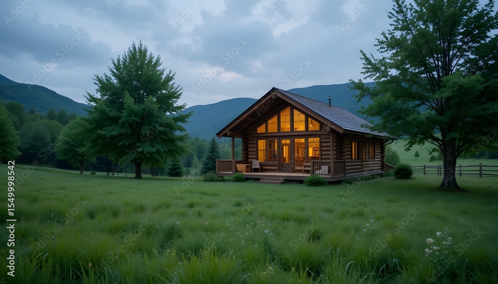 Cozy Cabin Retreat In Nature. A Serene Wooden Home Nestled, Among Green Rolling Hills, Inviting Relaxation. Twilight Illuminates Windows, Creating A Warm Ambiance. Peaceful Escape, Connecting With The Cozy Cabin Retreat In Nature. A Serene Wooden Home Nestled, Among Green Rolling Hills, Inviting Relaxation. Twilight Illuminates Windows, Creating A Warm Ambiance. Peaceful Escape, Connecting With The