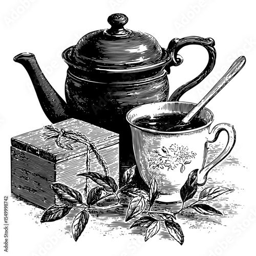 a black and white drawing of a teapot, cup and box black, box, cup, drawing, engraving, illustration, spoon, tea, teapot , Generative art.