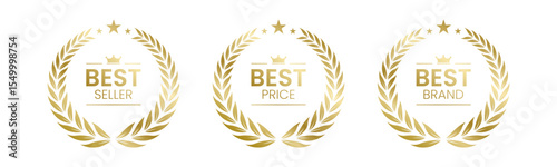Best Seller, Best Price, Best Brand Set Vector Illustration. In A Realistic Gold with Laurel Wreath. Isolated on white