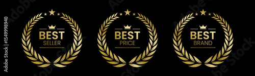 Best Seller, Best Price, Best Brand Set Vector Illustration. In A Realistic Gold with Laurel Wreath. Isolated on black
