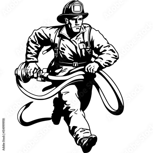 a black and white drawing of a fireman with a hose black, drawing, firefighter, fireman, hose, illustration , Generative art.