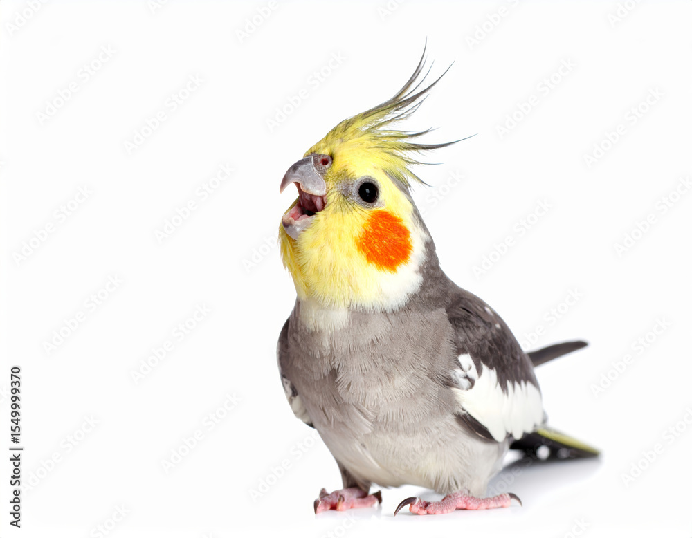 Fototapeta premium Firefly Cockatiel parrot with open beak on white background