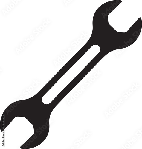 A simple black silhouette of a double open end wrench on a white background