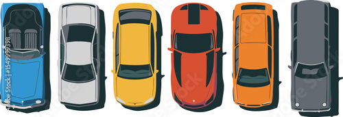 Diverse Aerial Car Lineup, Overhead Vehicle Collection, Top Down Car View