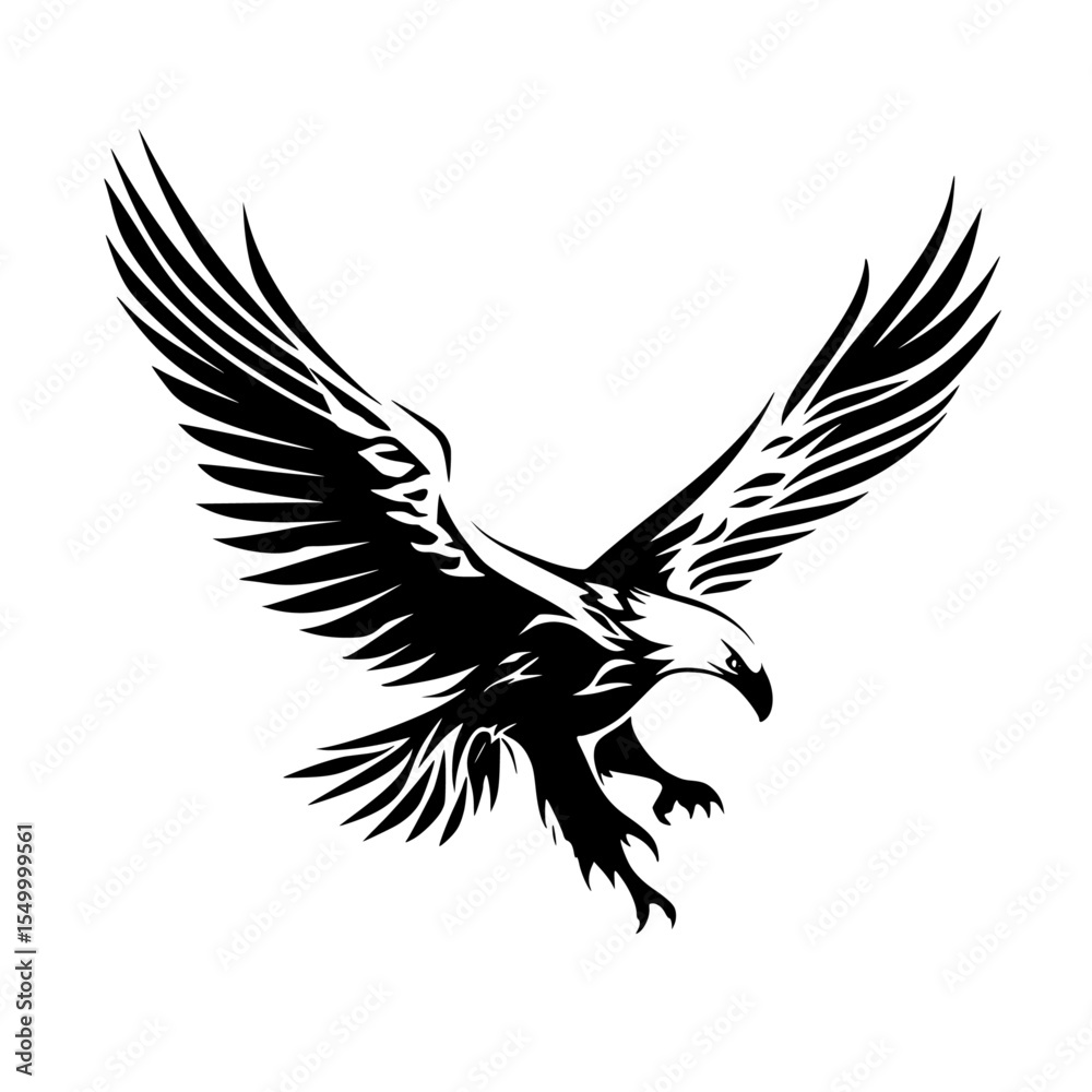 Fototapeta premium a black and white illustration of a bald eagle in flight with its wings spread bald, bird, black, eagle, flight, fly, illustration, silhouette, wing , Generative art.