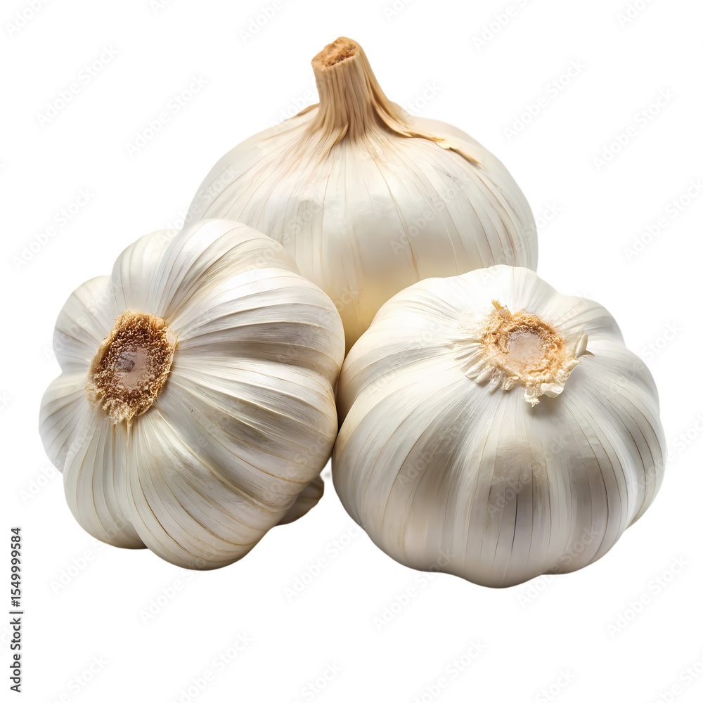 Obraz premium Three Bulbs of Fresh Garlic isolated on transparent bacckground