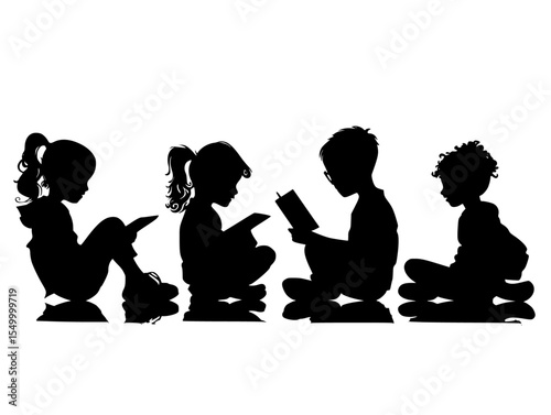 black silhouette of kids reading books sitting and sitting on the floor black, book, child, floor, girl, kid, read, silhouette, sit , Generative art.