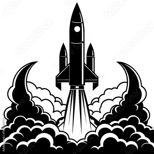 Rocket launching with smoke isolated on white background in monochrome
