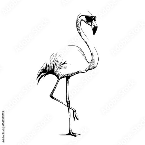 a black and white illustration or sketch of a flamingo with sunglasses standing on its hind legs bird, black, drawing, flamingo, illustration, leg, sketch, stand, sunglass , Generative art.