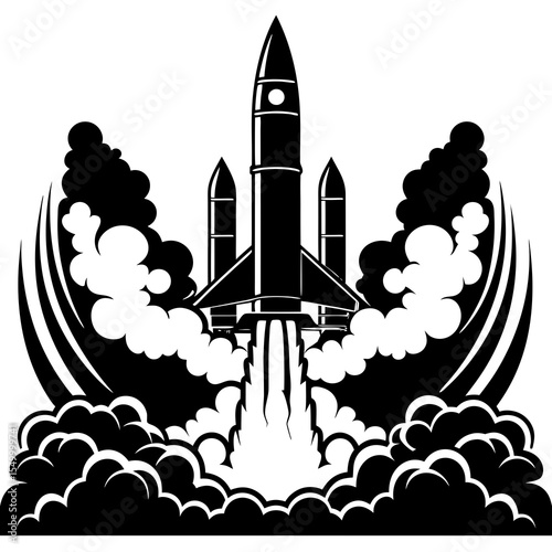 Rocket launching with smoke isolated on white background in black