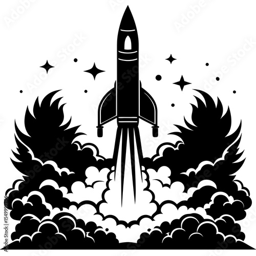 Rocket launching with smoke and stars isolated on white background