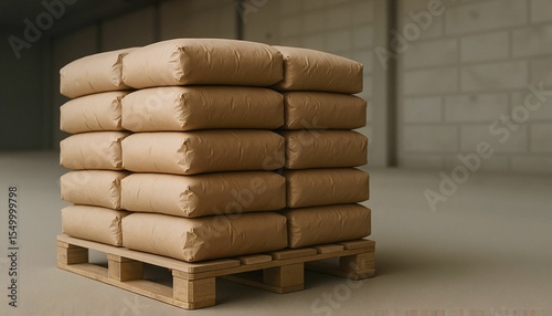 Stacked cement bags on wooden pallet in industrial warehouse setting  
