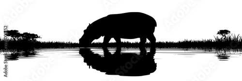 a black and white silhouette of an animal eating grass by a body of water or lake animal, black, body, cow, drink, eat, grass, graze, lake, pond, silhouette, stand, water , Generative art.