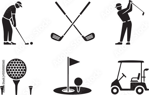 Golf Game Silhouette Icon Set Player, Clubs, Ball, and Cart