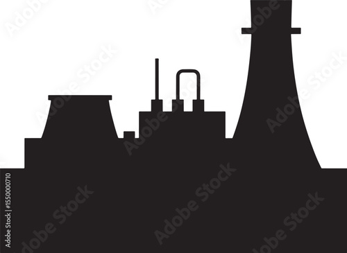 Industrial power plant cooling towers and structures in a stark black silhouette against a white background