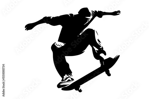 a black and white silhouette of a man riding a skateboard black, jump, man, person, ride, silhouette, skateboard, skateboarder , Generative art.