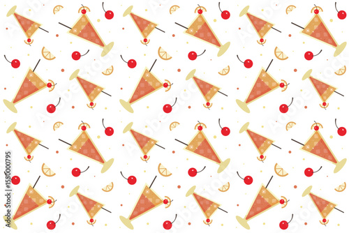 Seamless   pattern with cocktails on transparent background. Ornament with beverage. Cocktail concept. Tequila sunrise, oranges, cherry. Repeat pattern.  Flat cartoon design. Vector illustration