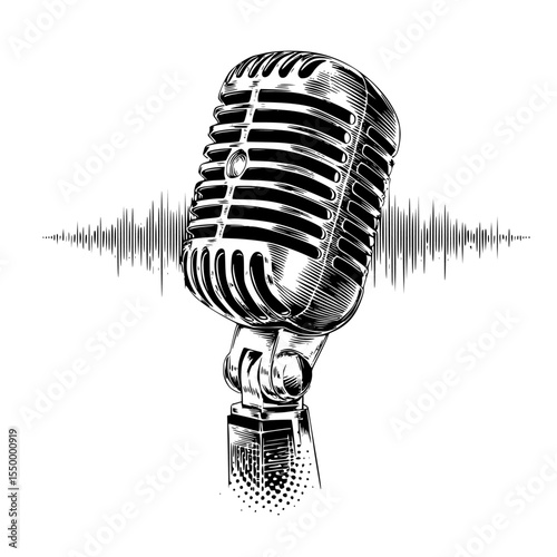 black and white illustration of an old microphone art, black, illustration, microphone, old , Generative art.