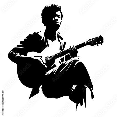 a black and white image of a man playing an electric guitar black, guitar, image, man, play, silhouette, sit , Generative art.