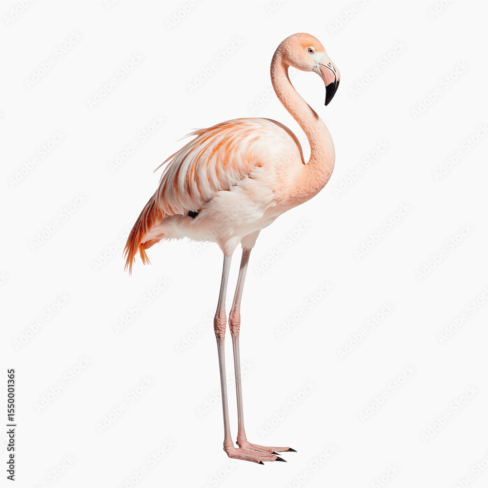 Elegant Flamingo in Profile: A stunning flamingo stands in profile, showcasing its delicate pink plumage, graceful curves, and long, slender legs against the neutral background. Elegant Flamingo in Profile: A stunning flamingo stands in profile, showcasing its delicate pink plumage, graceful curves, and long, slender legs against the neutral background.