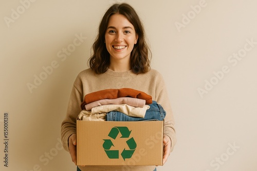 Young woman smiles while holding cardboard box with recycling symbol. Box contains clothing ready for donation or recycling. She stands indoors in front of cream colored background
