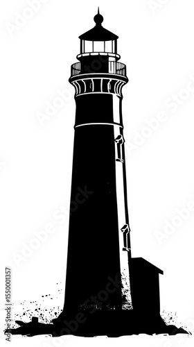 a black and white drawing of a lighthouse black, drawing, illustration, light, lighthouse, silhouette , Generative art.