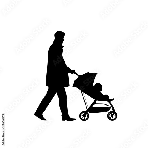 a black silhouette of a man pushing a baby in a stroller baby, black, child, man, push, silhouette, stroller, walk , Generative art.
