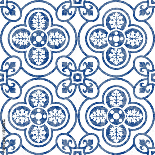 Vector seamless pattern of blue watercolor painted ornaments on a white backdrop