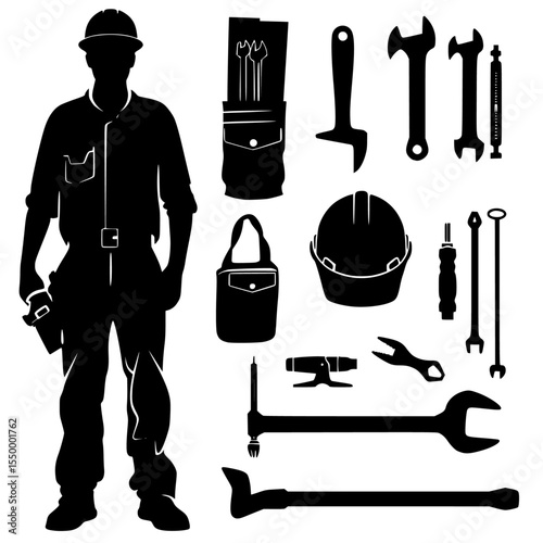 black silhouette of a man with tools on a white background black, helmet, man, silhouette, tool , Generative art.