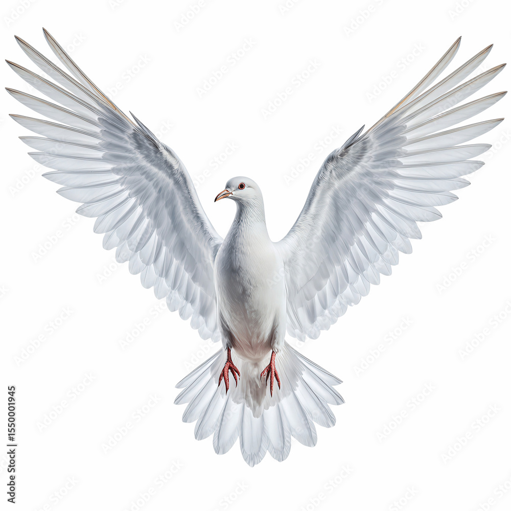 Obraz premium Serene Dove: A pure white dove, a universal emblem of peace, takes flight, its wings outstretched in a moment of ethereal grace. capturing the peace and tranquility.