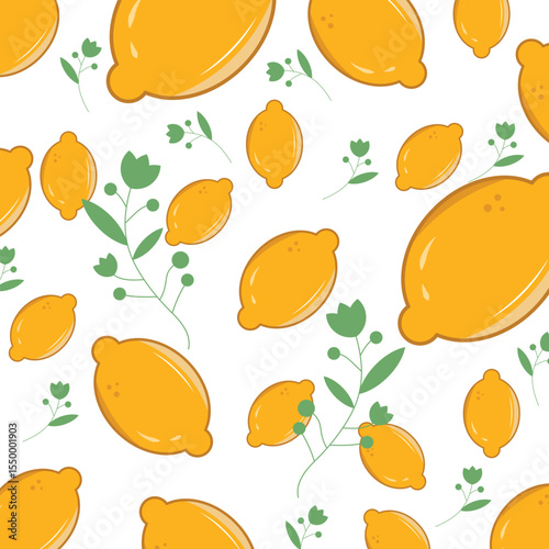 Tropical pattern with yellow lemons.Vector illustration Fruit repeated background.