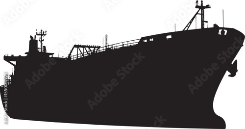 Large cargo ship with complex superstructure and anchor visible in silhouette against a white background