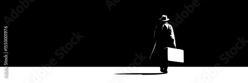 a man in a black coat and hat holding a briefcase and a black suitcase standing in the dark bag, black, briefcase, coat, dark, hat, hold, man, stand, suit, suitcase, walk , Generative art.