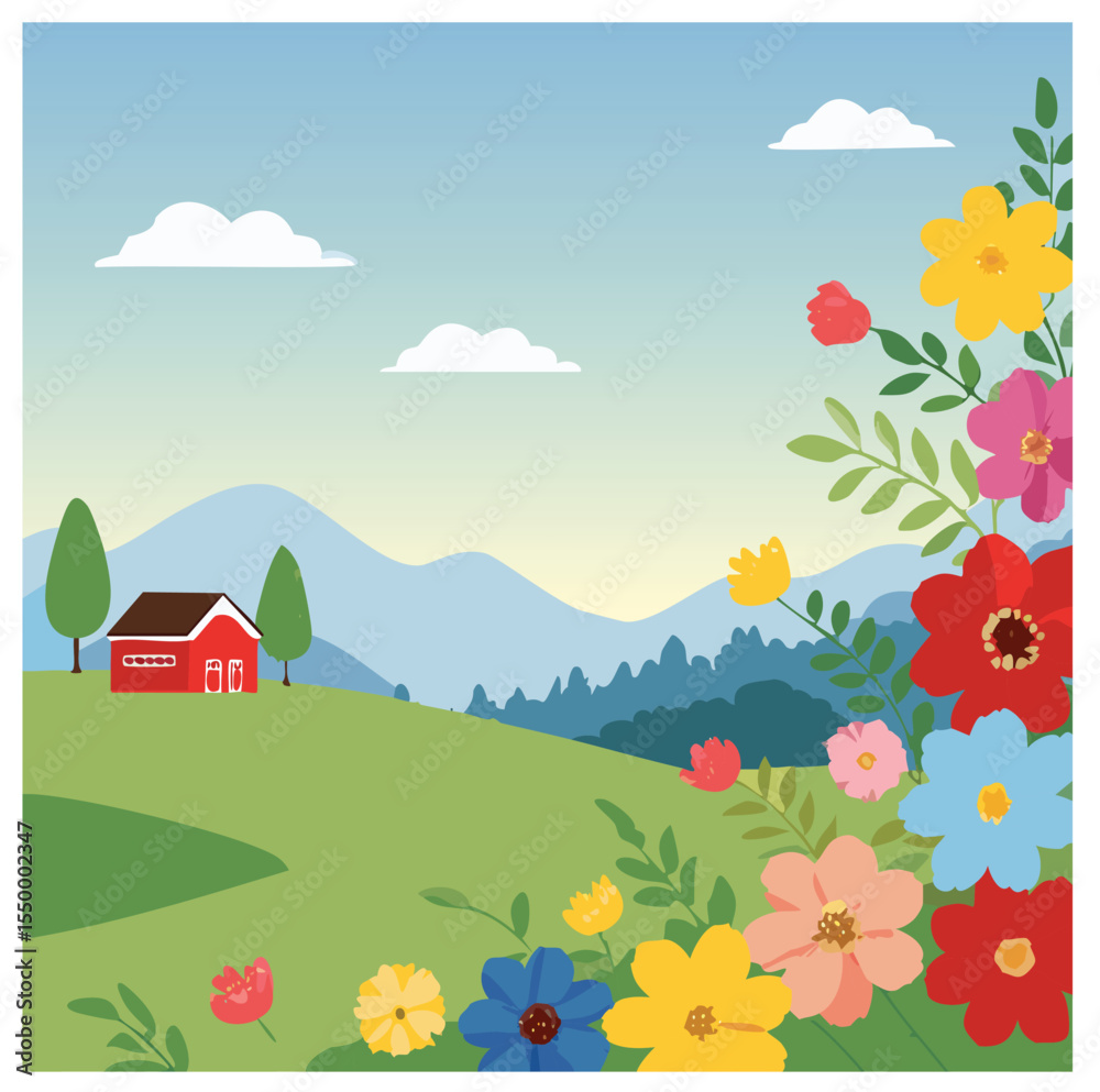 Fototapeta premium Red barn spring landscape colorful flowers hillside
